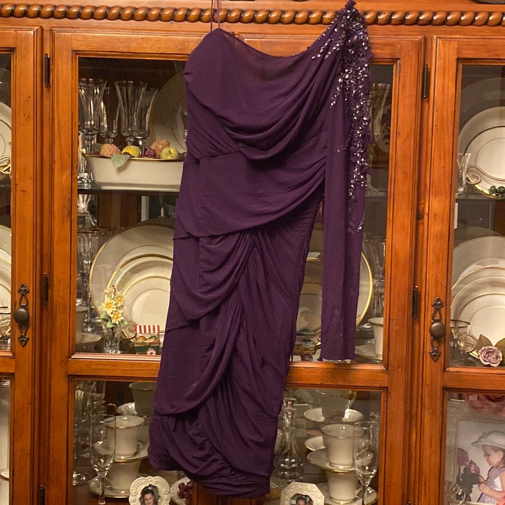 Gorgeous beaded one-shoulder ruched dress.